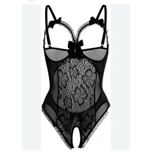 Sexy Women's M Black Lace Lingerie Open Cup‎ One Piece Babydoll Bodysuit Teddy